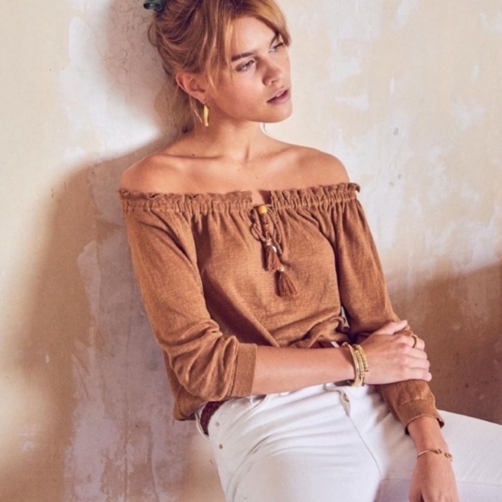 Sezane Dolores 100% Linen Pull Tobacco Brown Camel Size Small Sweater Top French